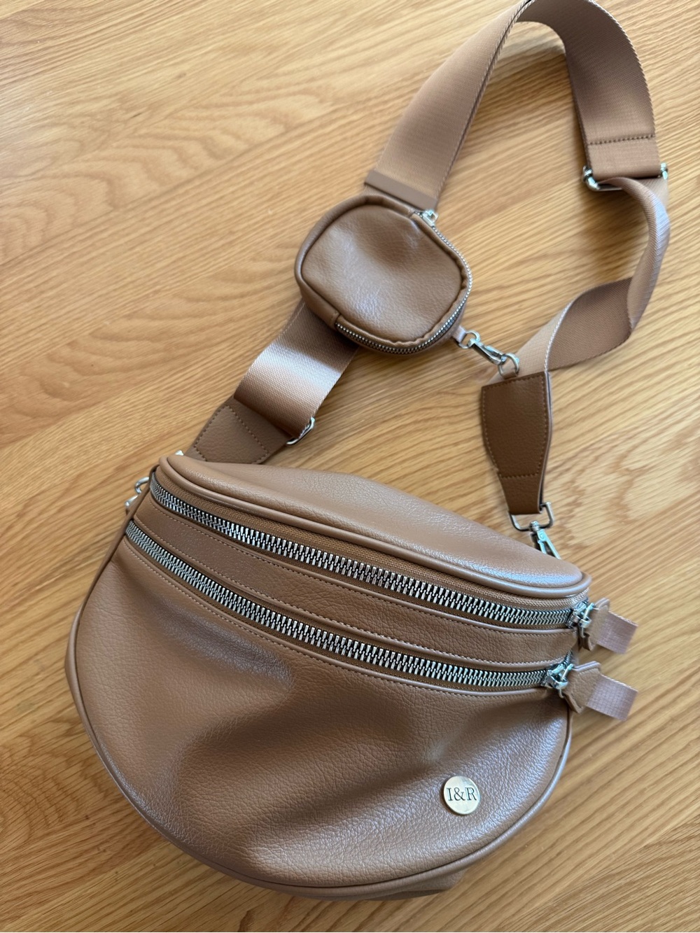 New I&R Tan Crossbody Belt Bag with Dual Zip Pouches